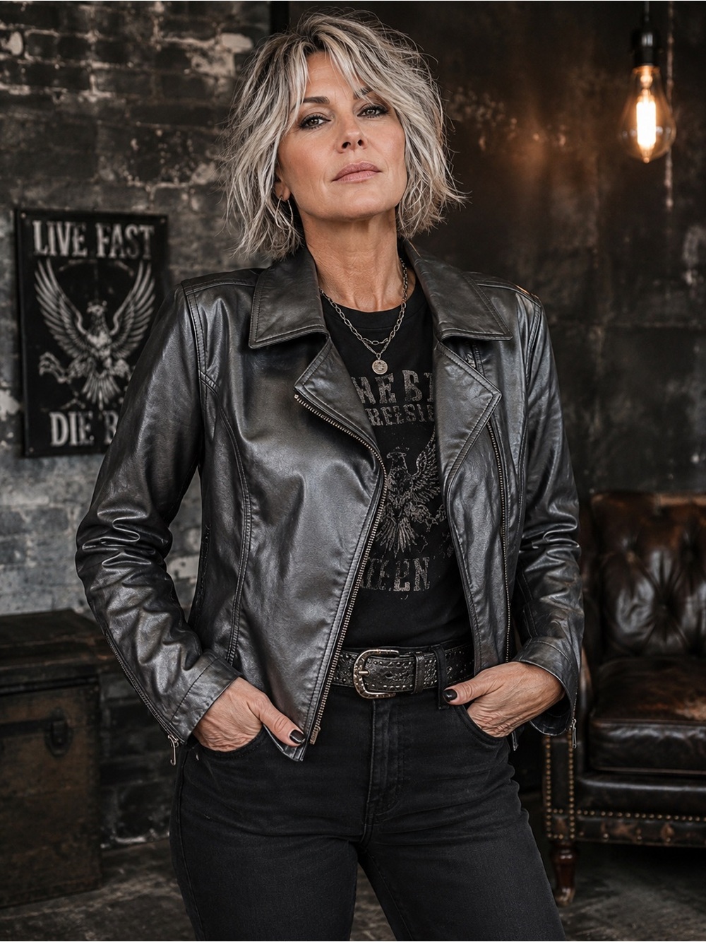 QUE Leather Gunmetal Gray Silver Moto Edgy Jacket Zipper Front Size Large